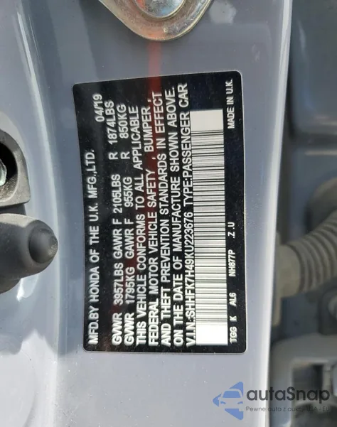 2019 Honda Civic Sport z USA, uszkodzony, nr VIN SHHFK7H49KU223676